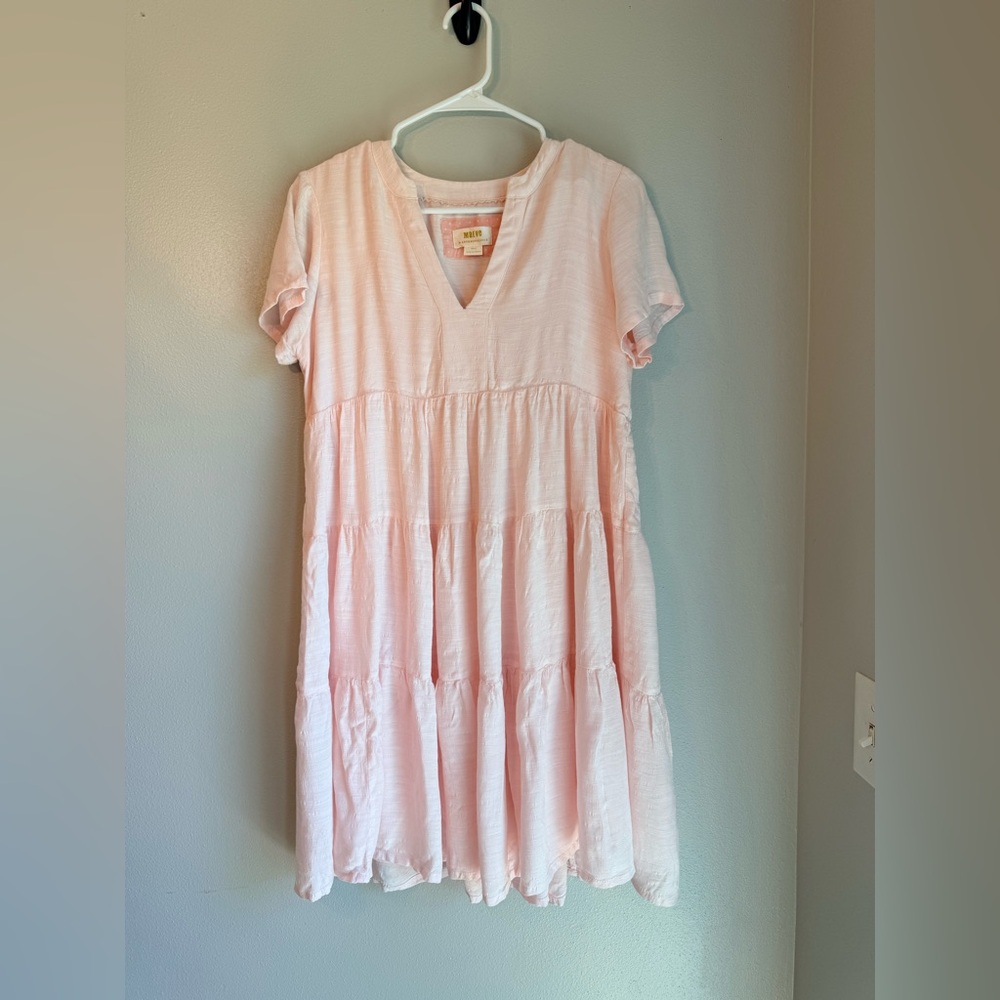 Maeve Light Pink Tiered V-Neck Midi Romantic  Dress S